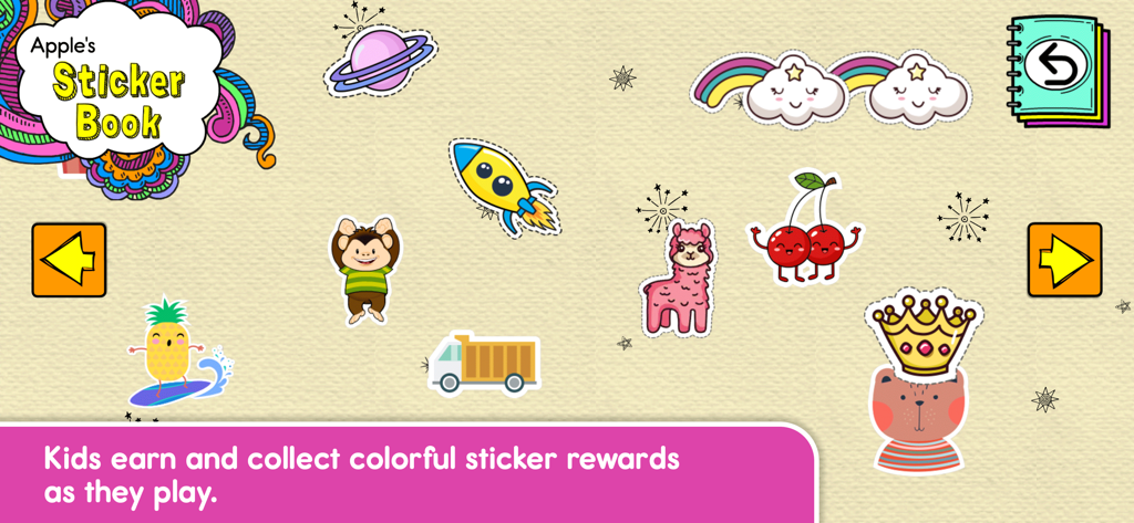Monkey Preschool Learning - Pantalla interactiva de libro de pegatinas que muestra recompensas obtenidas como un llama cohete y una piña en la aplicación Monkey Preschool Learning.