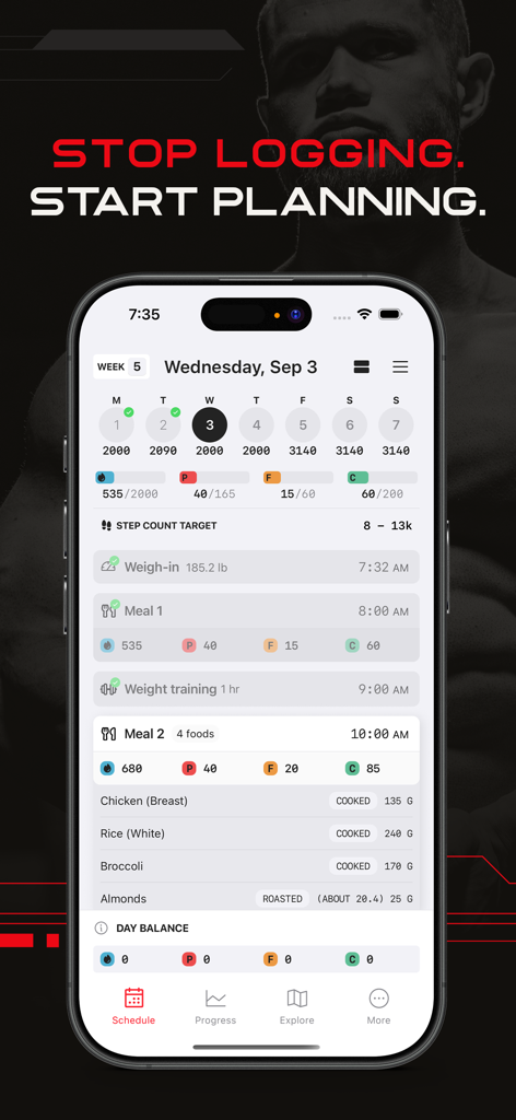 RP Diet Coach & Planner - Daily schedule view in the RP Diet Coach app showing macro tracking and planned meals