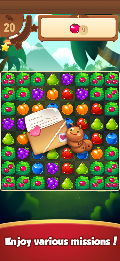 Fruits Master : Match 3 Puzzle - Fruits Master Match 3 Puzzle gameplay screen showing a board of colorful fruits and a cute caterpillar next to a mission envelope.