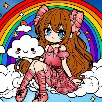 anime girl sitting on a rainbow holding a cloud