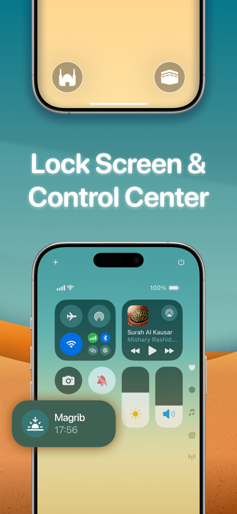 Interfaz de la aplicación Athan Pro en iPhone que muestra widgets de horarios de oración y controles de audio islámicos en el Centro de Control.