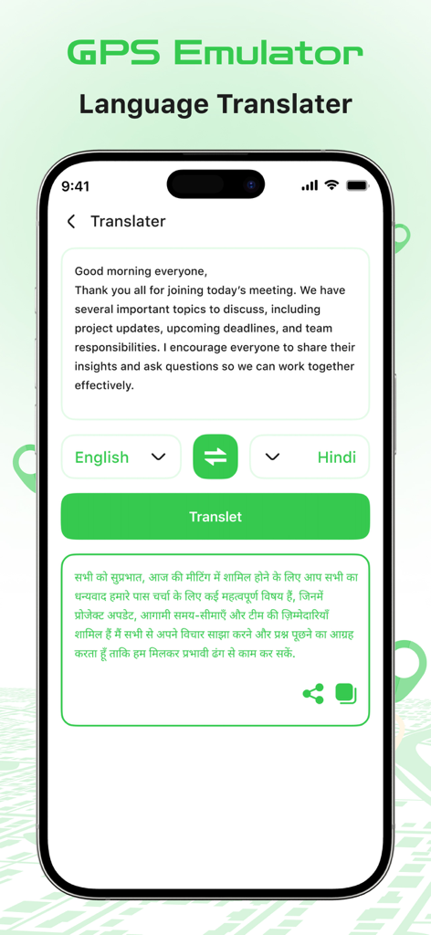 Pantalla del Traductor de Idiomas en la aplicación GPS Emulator Location que muestra la traducción de inglés a hindi.