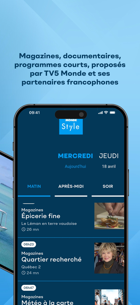 Style par TV5 Monde - Interface de l'application Style par TV5 Monde montrant le programme des émissions sur le style de vie à la française