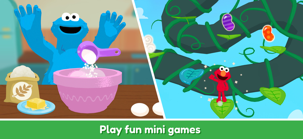 Monstrinho das Bolachas a cozinhar e Elmo a escalar um pé de feijão na aplicação Clube de Jogos da Vila Sésamo.