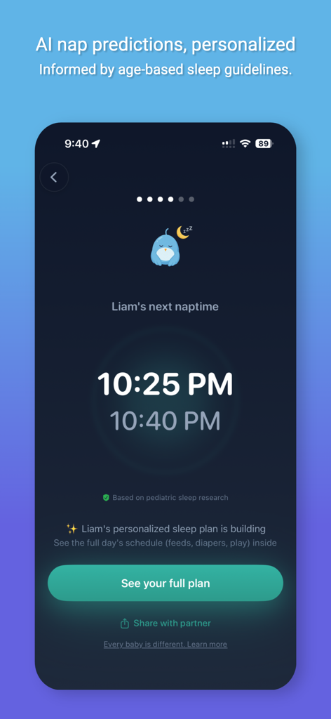 Nestling: Baby Tracker & Log - Nestling app interface displaying AI nap predictions and a personalized baby sleep plan in dark mode