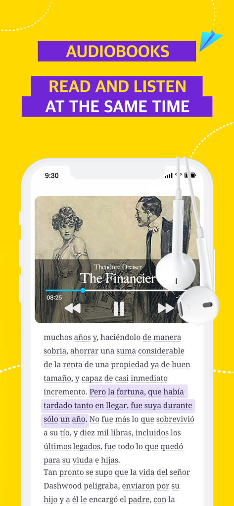 EWA app interface showing simultaneous reading and listening for audiobooks