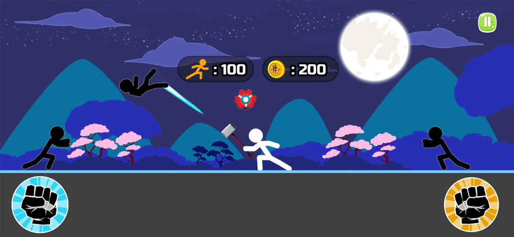 Stickman Fighter Epic Battle 2 - A white stickman fighter using a hammer weapon to defeat black stickmen enemies in a night scene with a full moon.