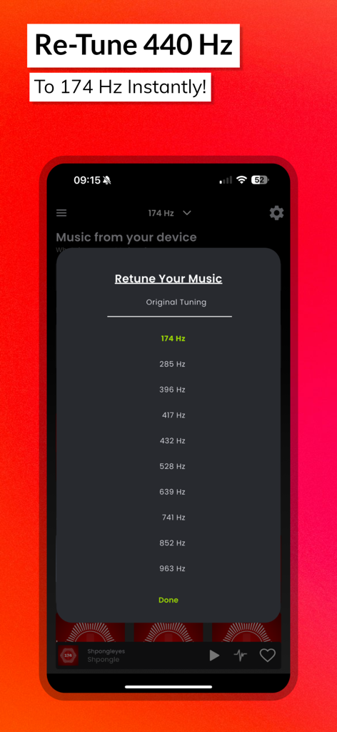 174 Player Plus - A mobile interface for the 174 Player Plus app showing a list of Solfeggio frequencies to retune music files.