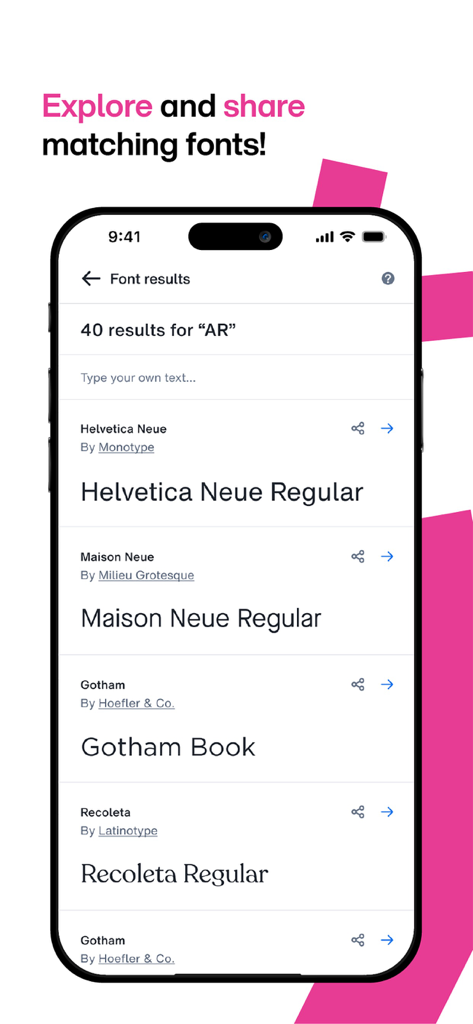 Una pantalla de smartphone que muestra una lista de fuentes identificadas en la aplicación WhatTheFont.