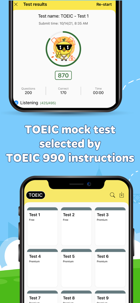 Pantalla de resultados de examen simulado de TOEIC y lista de exámenes de práctica en la app Diccionario de Inglés Dunno