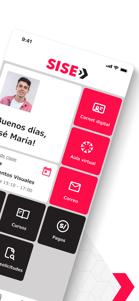 Sise Móvil - A tela inicial do aplicativo Sise Movil mostrando um perfil de estudante e opções de menu para carteirinha digital, sala de aula virtual e e-mail