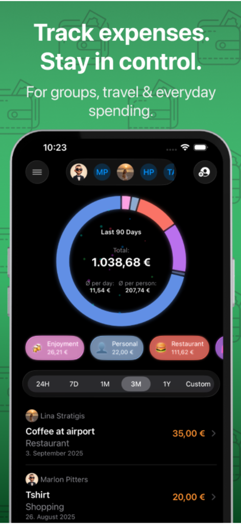 Costify: Expense Tracker - Costify mobile app interface displaying a spending analytics chart and group expense log