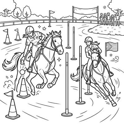 Unleash your creativity with this action-packed coloring page featuring dynamic Mounted Games Riders. Capture the thrill of equestrian sports as skilled athletes and their horses navigate a challenging course.