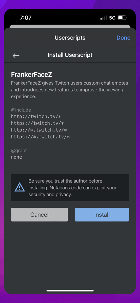 Userscripts 앱에서 사용자 지정 Twitch 사용자 스크립트 설치 프롬프트를 보여주는 인터페이스