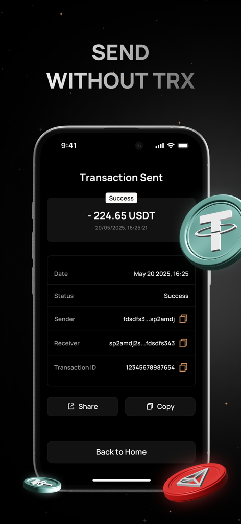 TRXなしで送信という見出しが表示されたFG WalletアプリでのUSDTトランザクションの成功を示すモバイル画面。