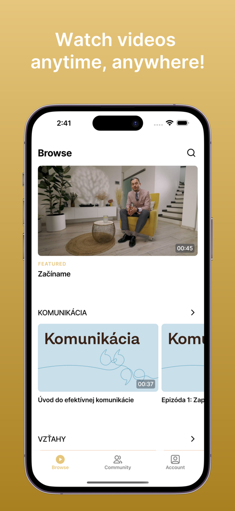 Refocus by Krause - Pantalla de navegación de la aplicación Refocus que muestra contenido de video psicológico y categorías para comunicación y relaciones