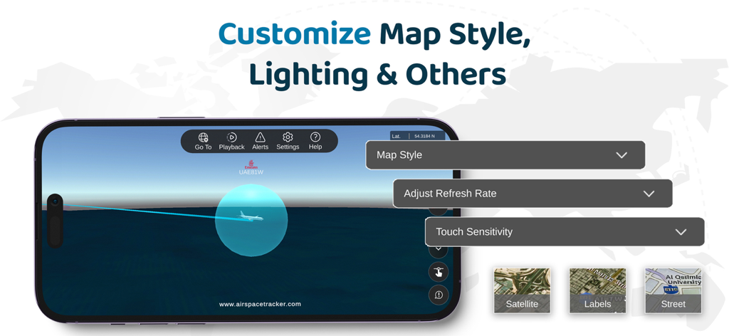 Interfaz de la aplicación AirspaceTracker que muestra opciones de personalización para el estilo del mapa, la iluminación y la frecuencia de actualización en la vista de vuelo 3D