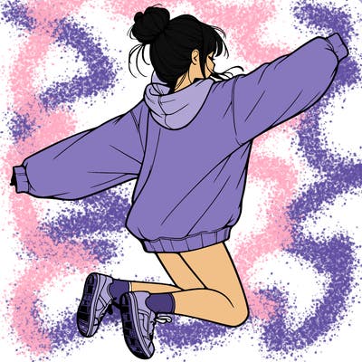 realistic girl jumping with a bun and oversized sweatshirt