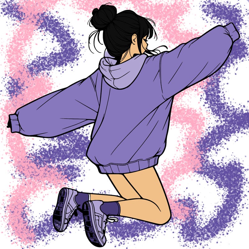 realistic girl jumping with a bun and oversized sweatshirt