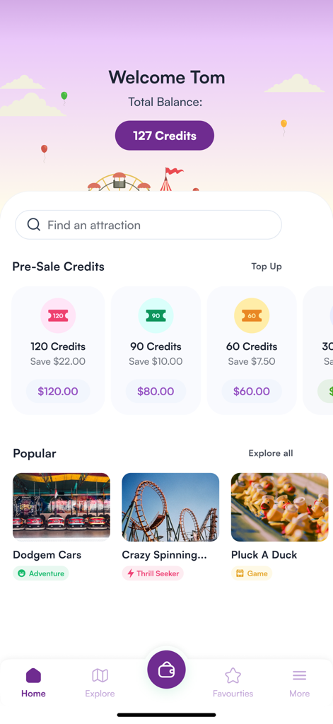 EK Fernandez - EK Fernandez Fun Pass app home screen showing a user credit balance of 127 credits, pre-sale credit packages, and popular attractions like Dodgem Cars.