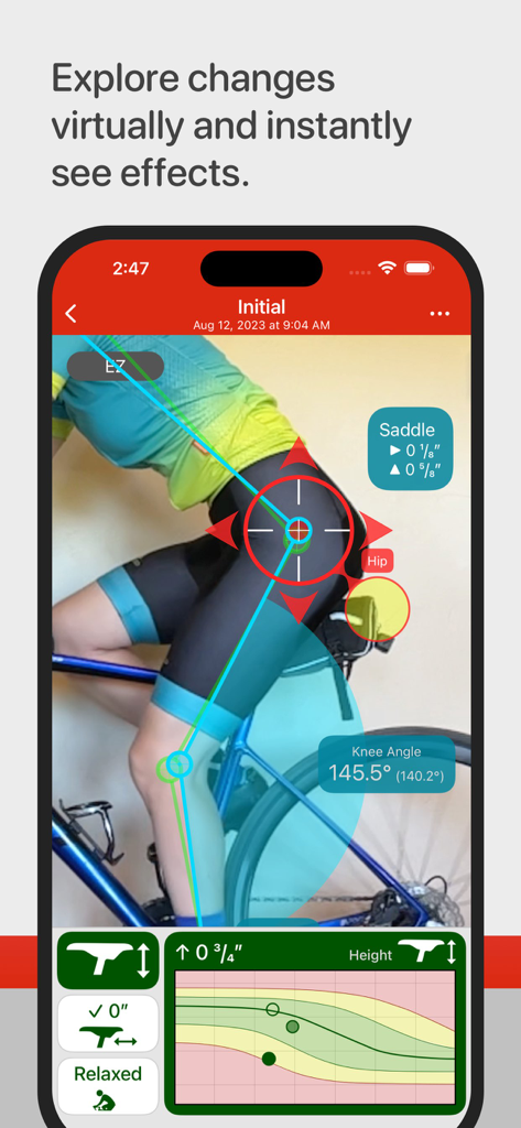 Bike Fast Fit Elite app interface showing a cyclist with digital overlays for knee angle and saddle height analysis
