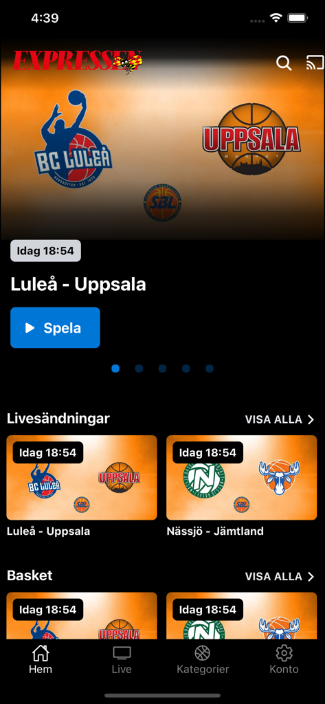 Expressen Livesport - Interfaz de la aplicación Expressen Livesport mostrando un partido de baloncesto sueco en vivo entre Lulea y Uppsala