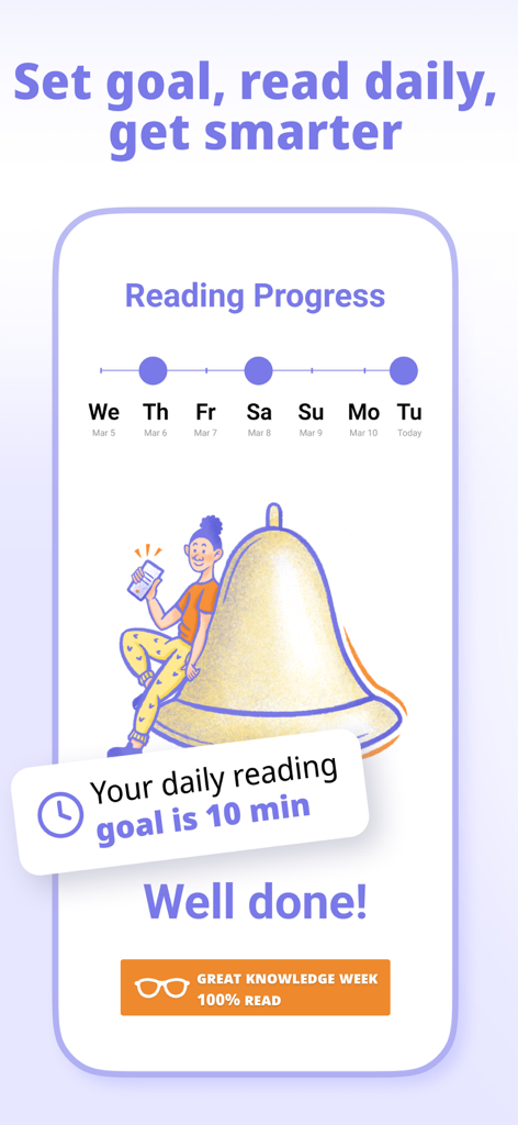 Interface de l'application Nerdish montrant une chronologie de progression de lecture hebdomadaire et un objectif quotidien de dix minutes