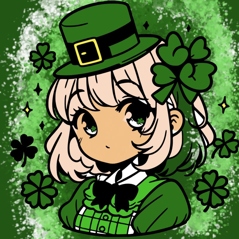 a manga-style girl with clovers around her, a little hat in her hair, like it's saint patrick's day