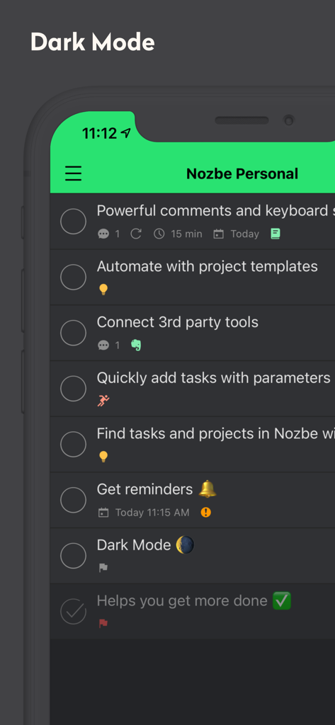 Nozbe Classic - Nozbe Classic app interface displaying a task list in dark mode.