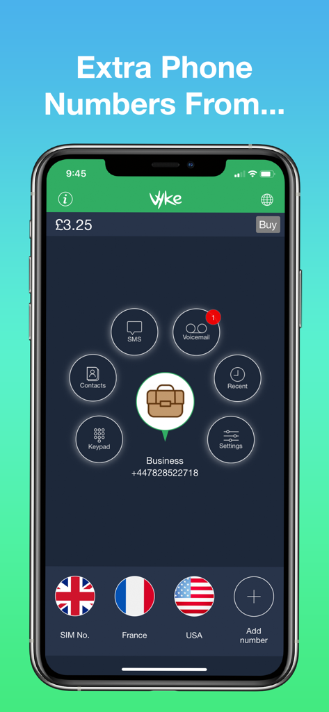 Vyke: Second Phone Number - Interface of the Vyke app showing a business phone number profile with options for UK France and USA virtual lines