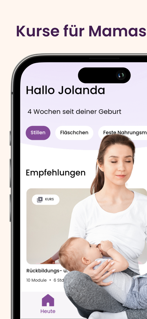 Keleya Mama mobile app interface featuring postnatal recovery courses and breastfeeding tips in German
