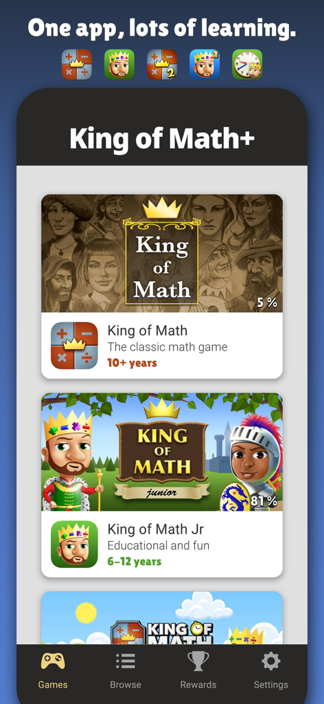 King of Math+ - Screenshot of the King of Math plus mobile app showing a collection of educational math games for various ages