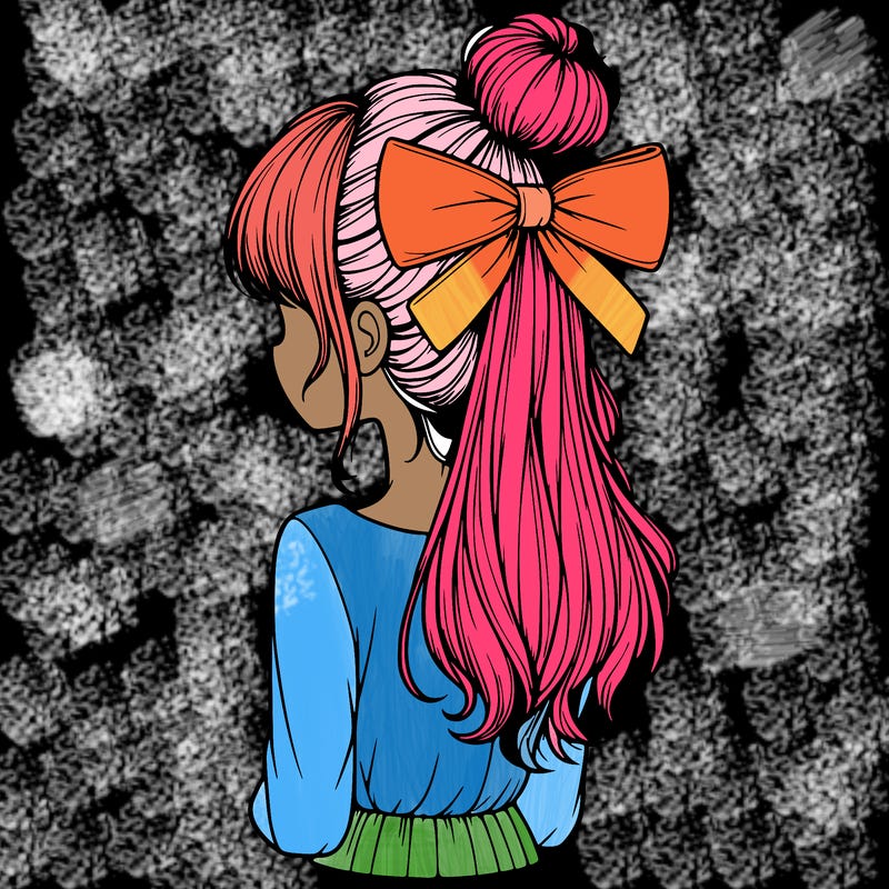 realistic girl  with hip length hair a bun and a big bow on the back of head