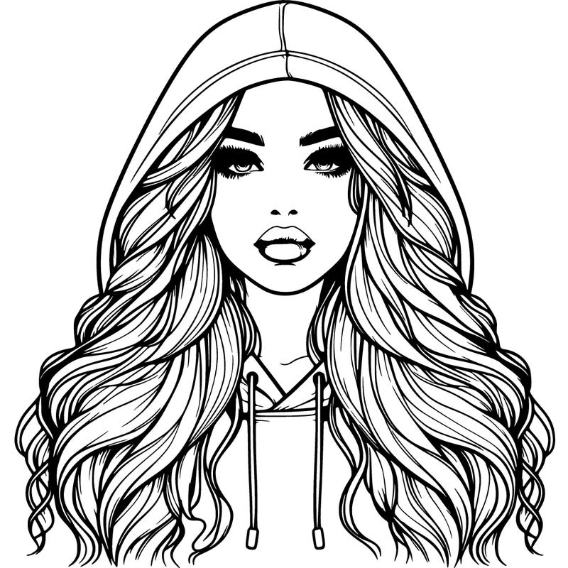 realistic girl in a oversized hoodie, and long wavy hair, with lips
