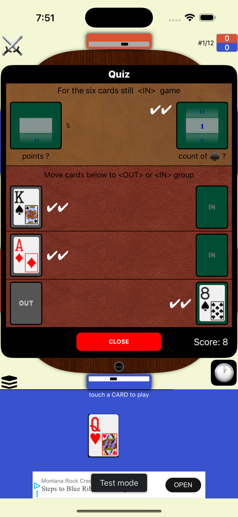 Super 28 - In-game quiz screen for the Super 28 card game to practice card counting skills