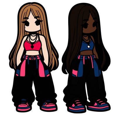 girl in baggy pants crop top and long hair