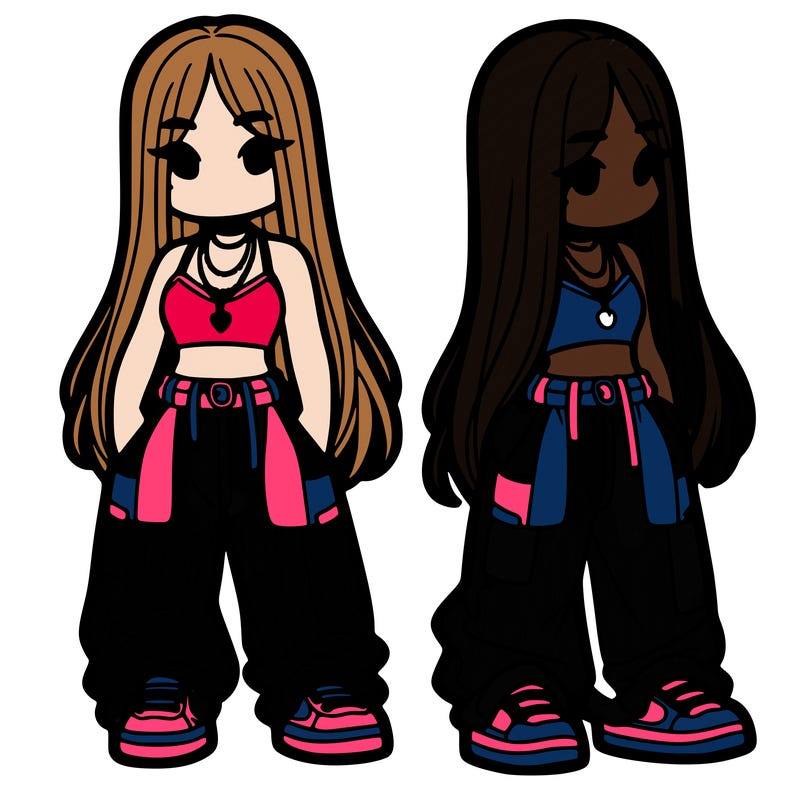 girl in baggy pants crop top and long hair