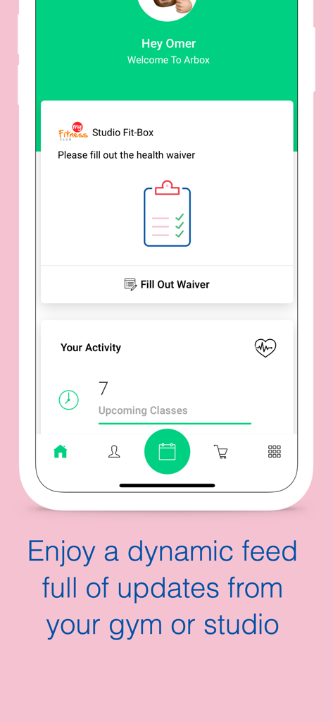 Arbox - Interface do aplicativo móvel Arbox mostrando uma mensagem de boas-vindas do studio, solicitação de termo de saúde e resumo das próximas aulas de fitness