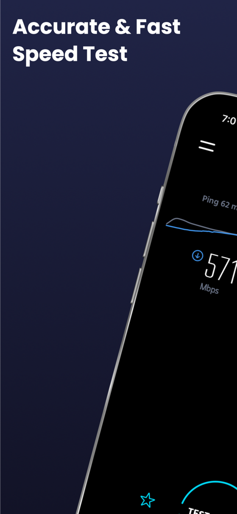 Internet Speed Test - 5G 4G - Accurate and fast internet speed test showing 571 Mbps download speed