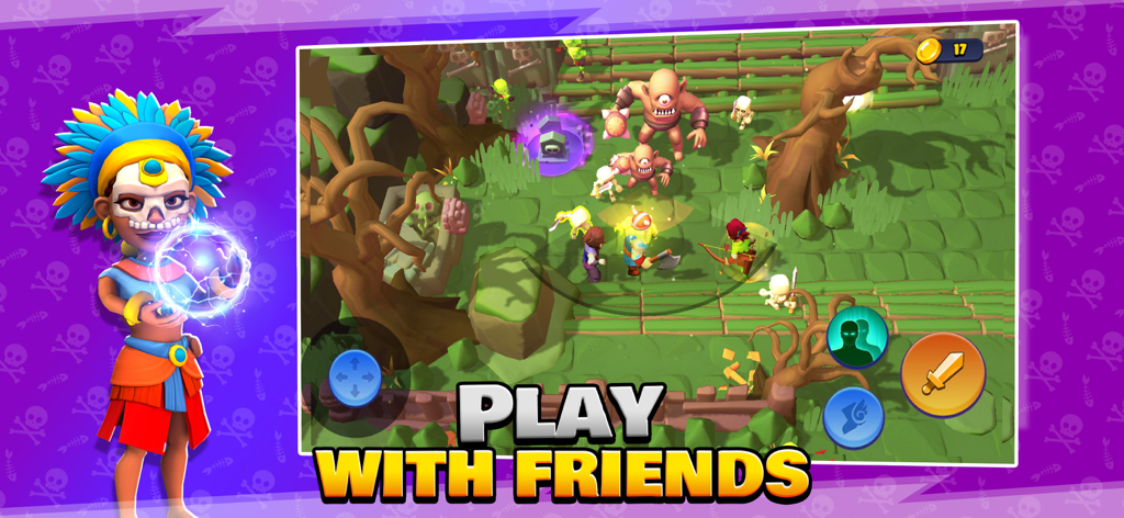 Loot Heroes: Fantasy RPG Games - Uma cena de batalha cooperativa em Loot Heroes Fantasy RPG onde os jogadores se unem para lutar contra monstros.