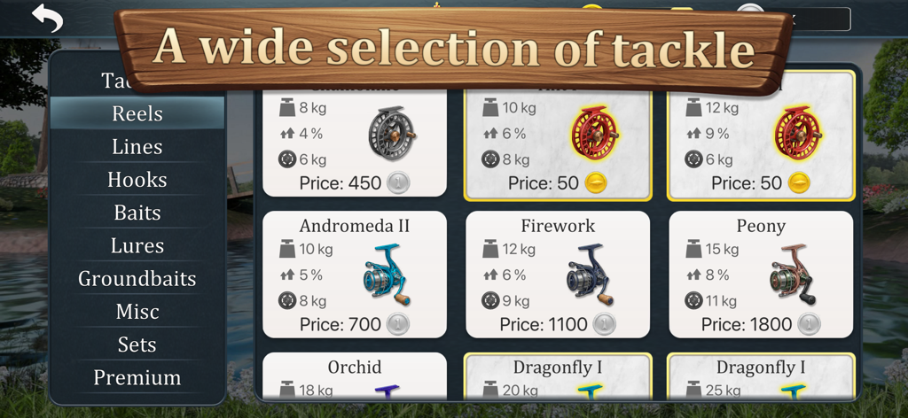 True Fishing 2 - A variety of fishing reels available in the True Fishing 2 tackle shop.