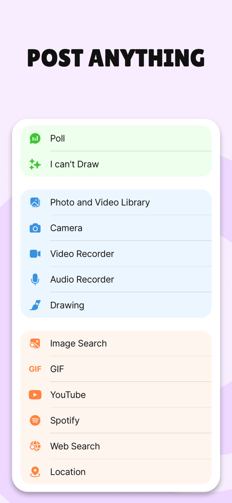 Un menú dentro de la aplicación Padlet que muestra varios tipos de contenido que los usuarios pueden publicar, como encuestas, videos, dibujos y búsquedas web.