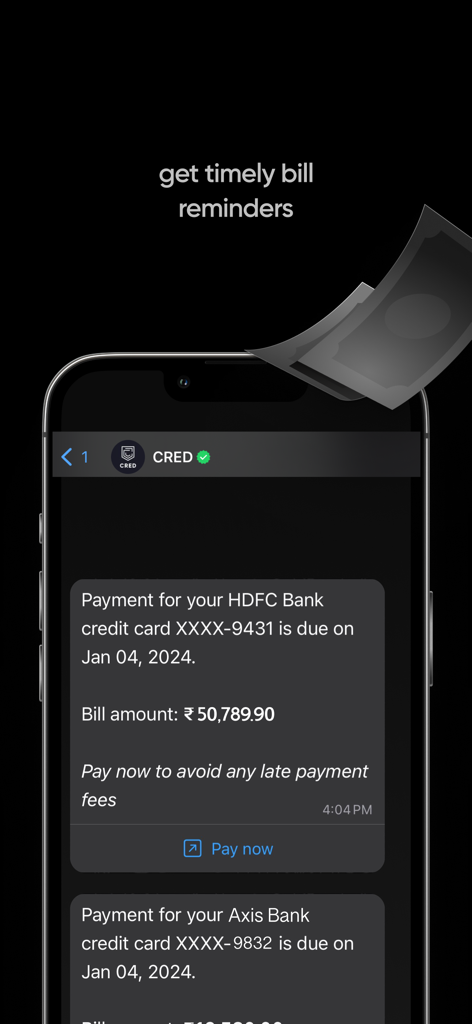 CRED: UPI, Bills, Credit Cards - Mobile screen showing credit card bill payment reminders on the CRED app