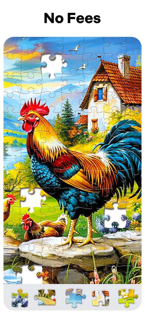 Jigsaw Puzzles for Adults HD - Puzzle digital de rompecabezas de un gallo en una granja para adultos, a todo color.