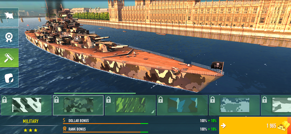 Battle of Warships: Naval Wars - A battleship with military camouflage skin in the Battle of Warships Naval Wars customization menu