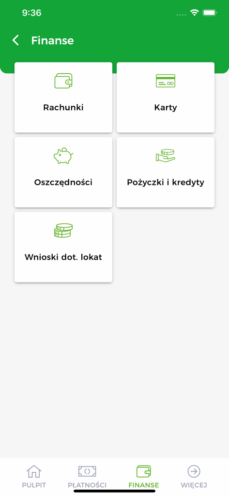 Kasa Stefczyka Online - Finance menu screen of the Kasa Stefczyka Online mobile banking app