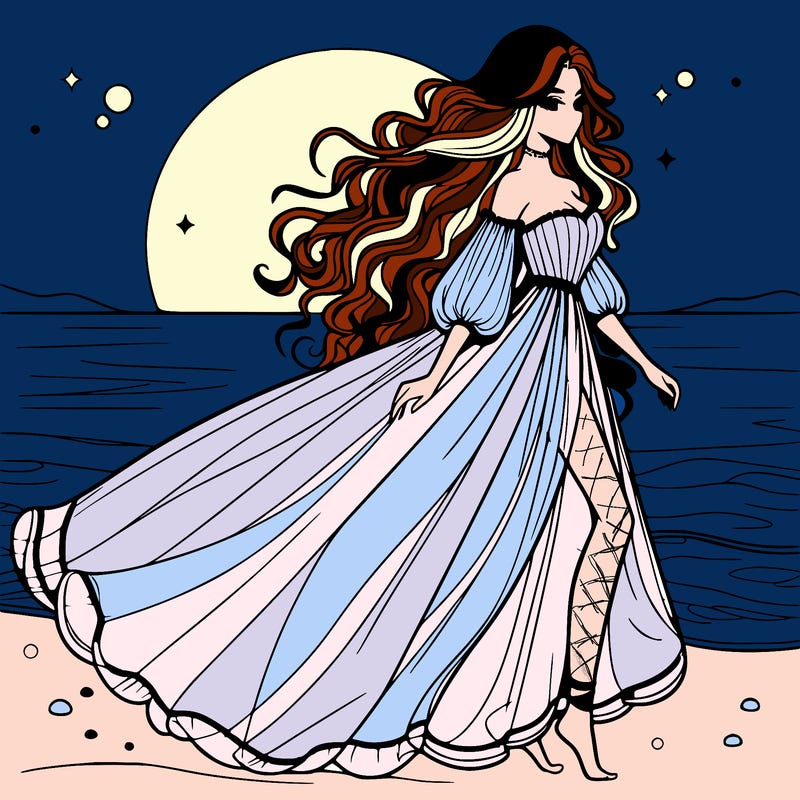 beautiful woman with a vaporous long dress walking on the beach at the noon, detailed art