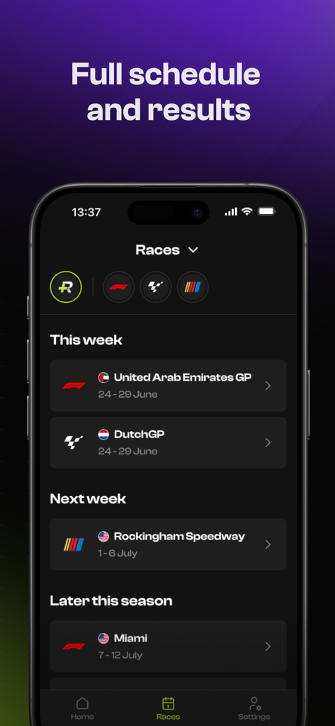 Raceboard - Racing Widgets - Raceboard app screenshot showing upcoming F1 MotoGP and NASCAR race schedules