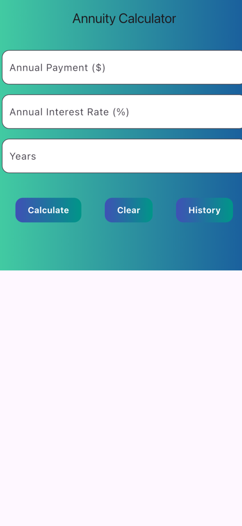 Interface do aplicativo Calculadora de Anuidade mostrando campos de entrada para pagamento anual, taxa de juros e anos.