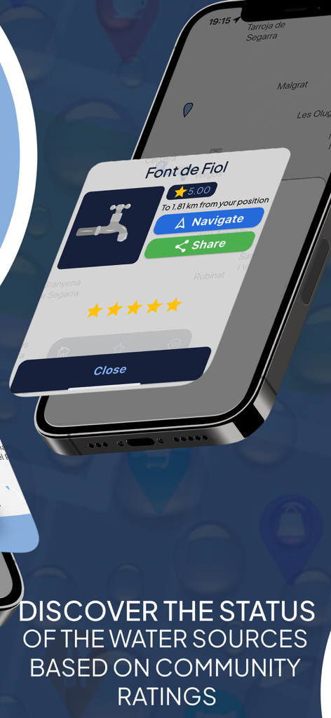 AquaFinder - AquaFinder App zeigt ein Wasserquellenprofil mit einer Fünf-Sterne-Bewertung und Navigationsoptionen an